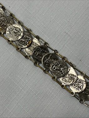Vintage Venetian souvenir charm bracelet interconnected silver-toned coins
